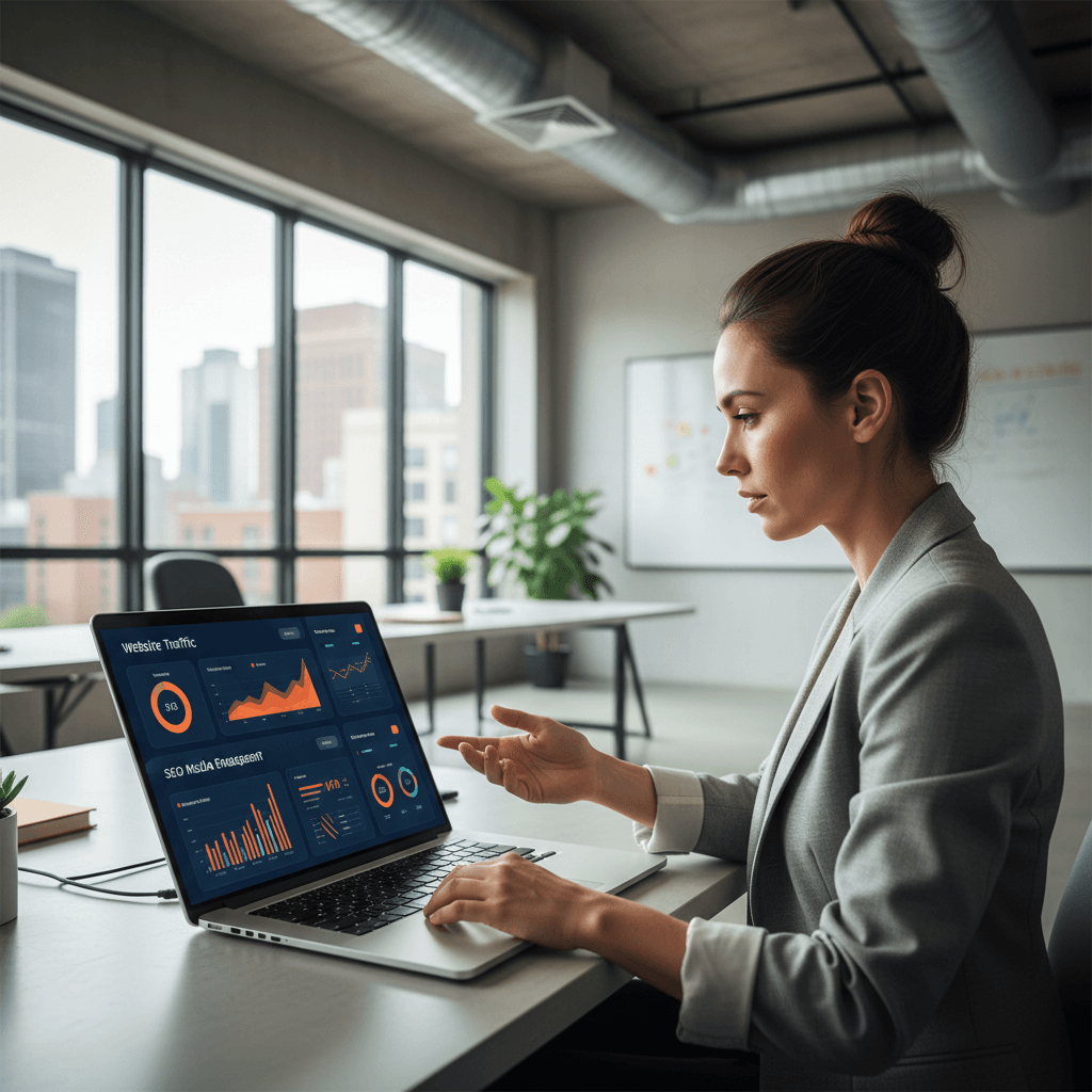 Digital marketing strategist reviewing analytics dashboard on laptop